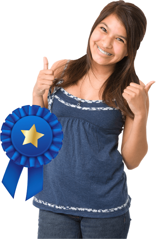 Girl with braces smiling and giving a double thumbs-up, with a blue ribbon next to her with a gold star on it.