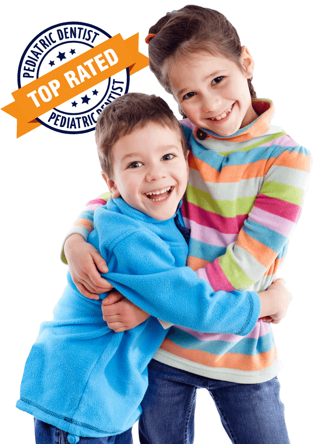 Two little kids hugging in front of a "top rated pediatric dentist" badge